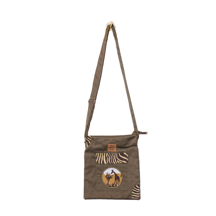 Signature Safari Unisex Jungle Green Canvas Sling Bags with Giraffe Print