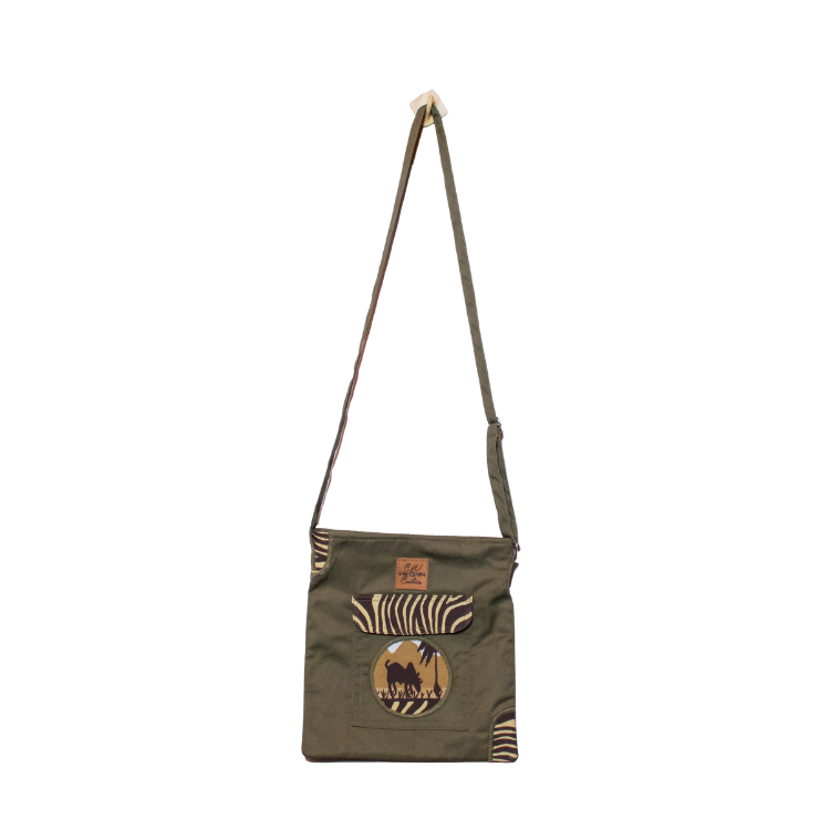 Signature Safari Unisex Jungle Green Canvas Sling Bags with Rhino Print