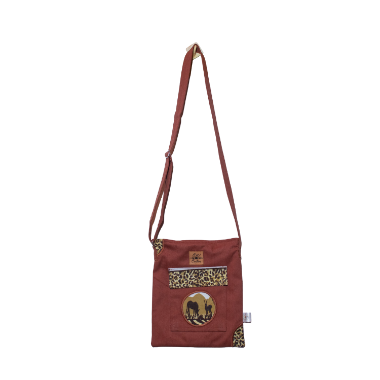 Signature Safari Unisex Brown Canvas Sling Bags with Antelope and Zebra Silhouette