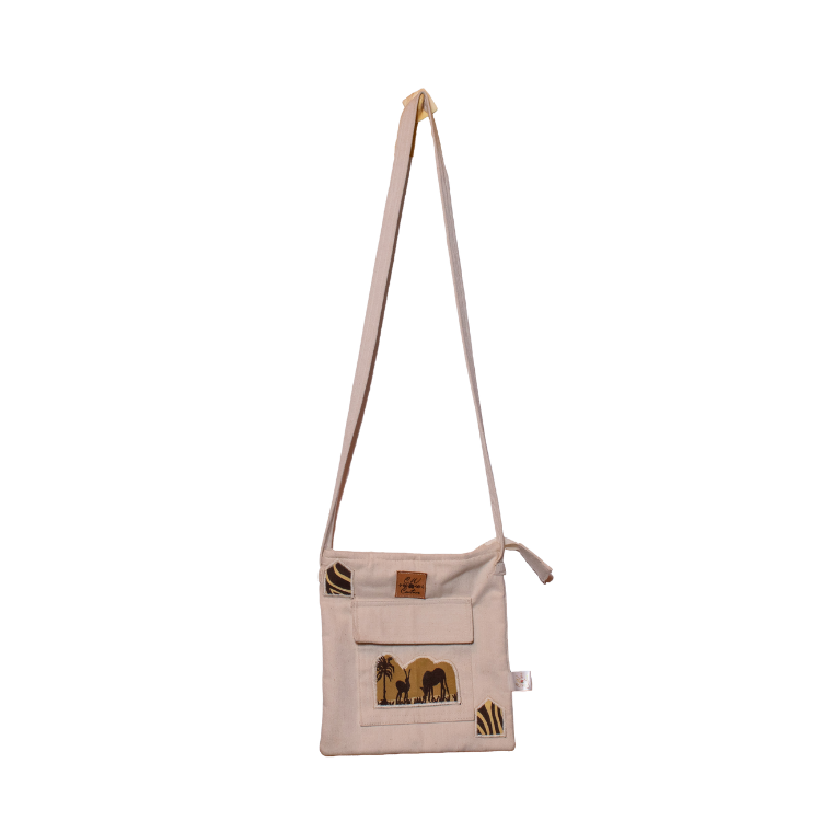 Signature Safari Unisex Cream Canvas Sling Bags with Antelope and Zebra Silhouette with No Sling Adjuster