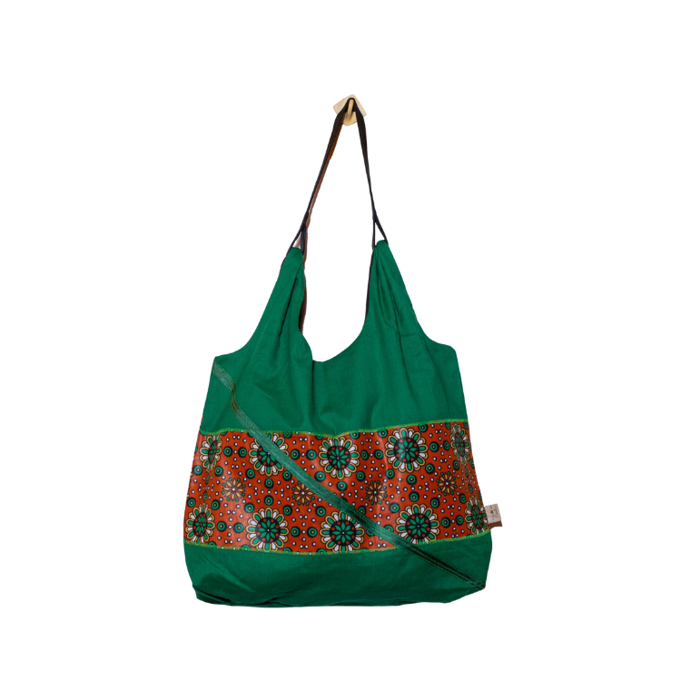 Signature Plain Green Brown Floral Leso Tote Bag with Green Ribbon diagnal