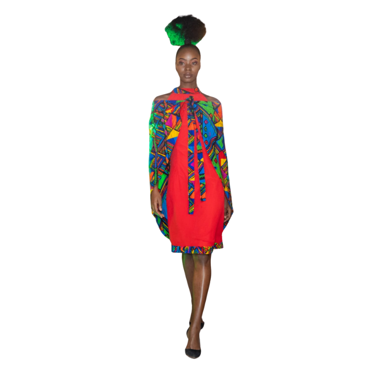 Ladies red chiffon halter neck dress with Ankara pleat details and multi-colored shoulder cape