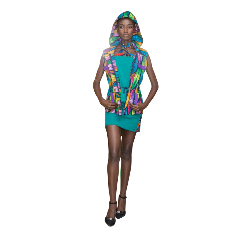 Ladies 3 Piece Signature Safari Ankara Multi-colored jacket with hoodie, Chiffon halter neck top and chiffon skirt